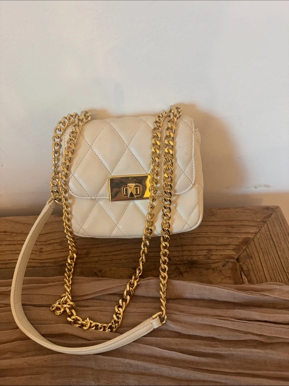 kate spade Carey Cream Quilted Crossbody with Gold Chain..Micro